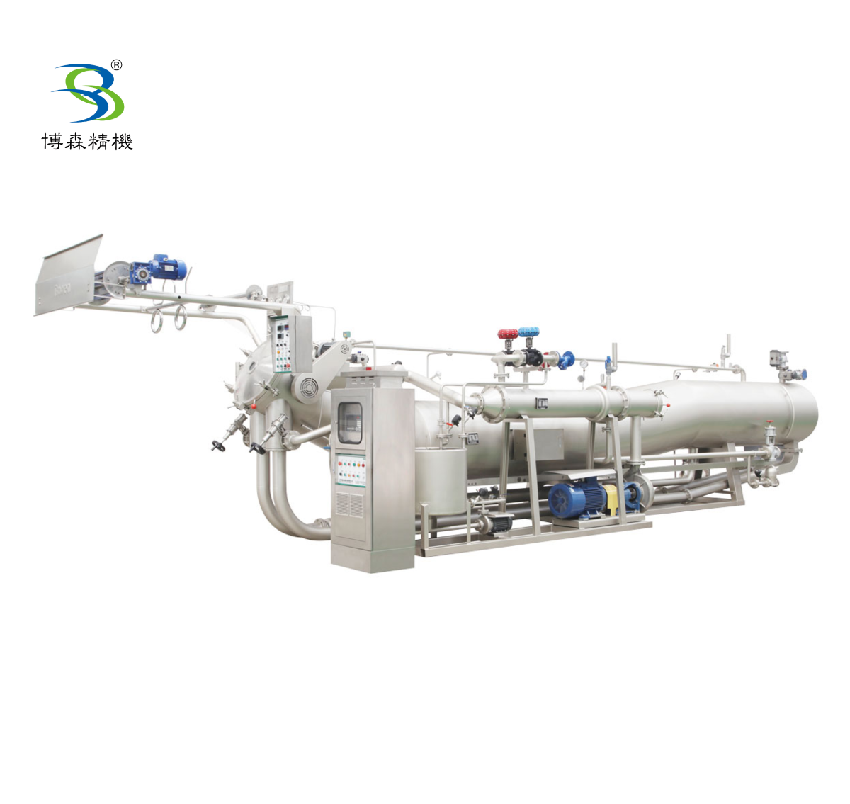 溢流机-PFA超低浴比液流染色机（下走式，一个筒身两条布，共一个筒身，尾巴翘起，布局决定浴比）